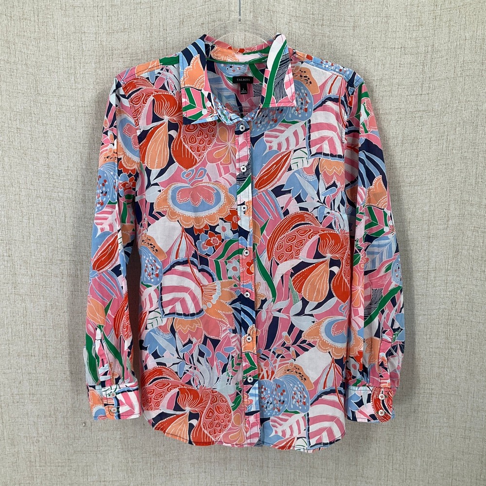 Talbots Button Down Shirt Womens L Multicolor Cotton Tropical Floral Airy